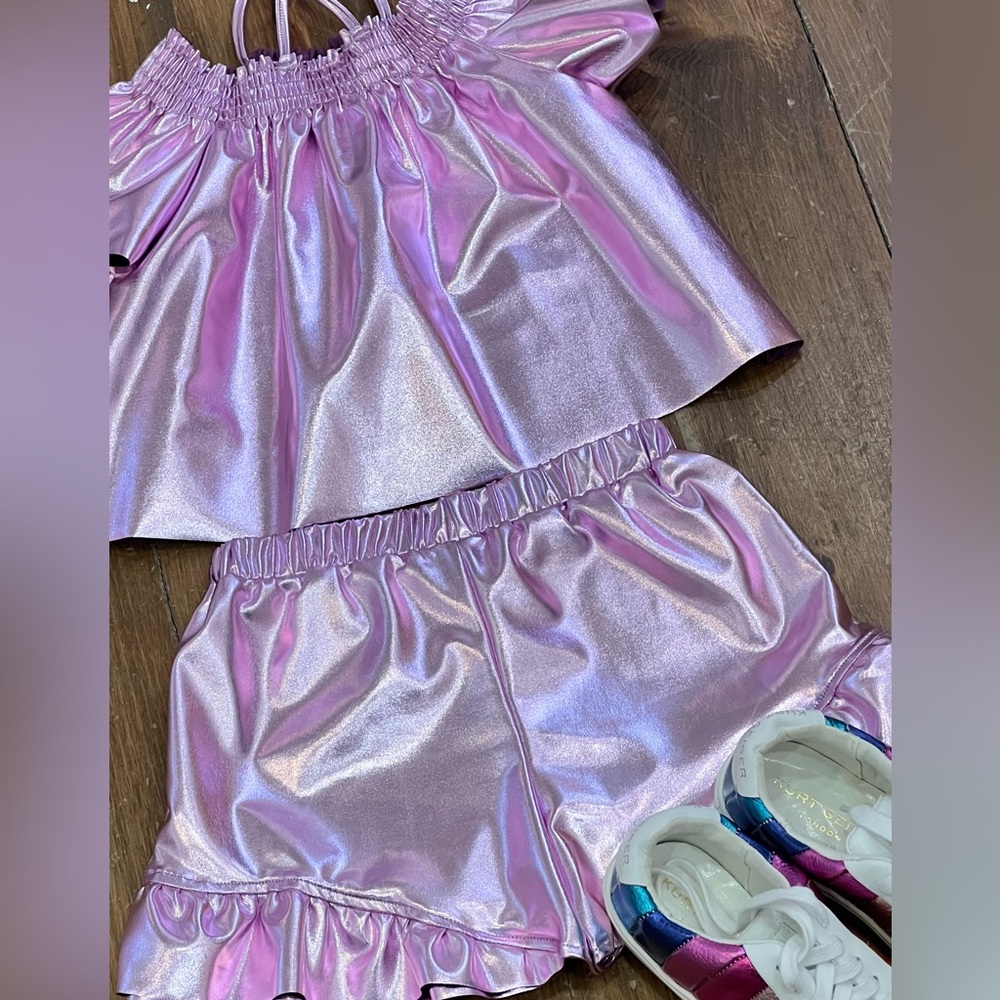 Shiny Pink Metallic Skirt and Shorts Set